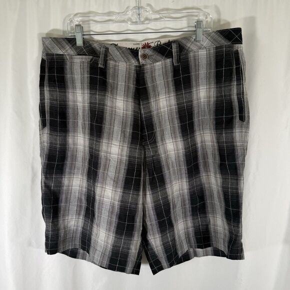 Tommy Bahama Silk Linen Shorts Men's 38 Grey Plaid Button Zip Flat Front 10" In - Picture 1 of 9